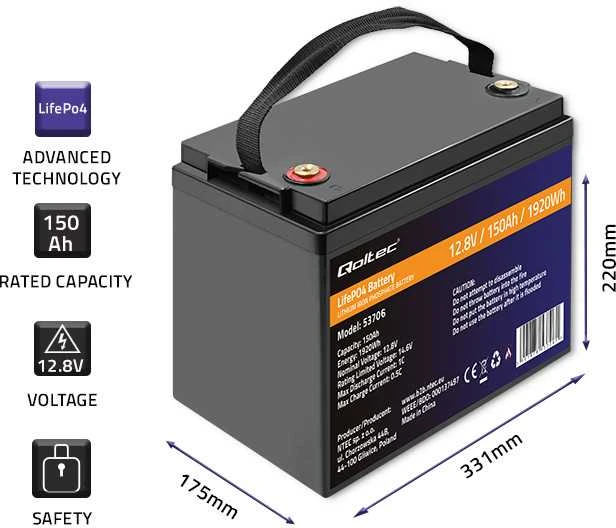 Qoltec LiFePO4 150Ah akumuliatorius su techniniais matmenimis