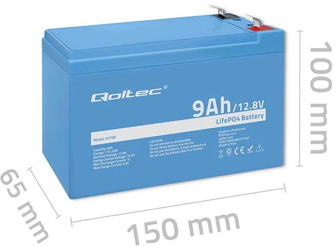 QOLTEC 53700 LiFePO4 ličio geležies fosfato baterija / 12,8V / 9Ah / 115,2Wh / BMS