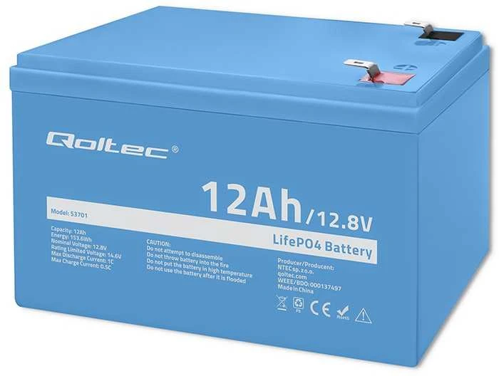 QOLTEC 53701 LiFePO4 ličio geležies fosfato baterija / 12,8V / 12Ah / 153,6Wh / BMS