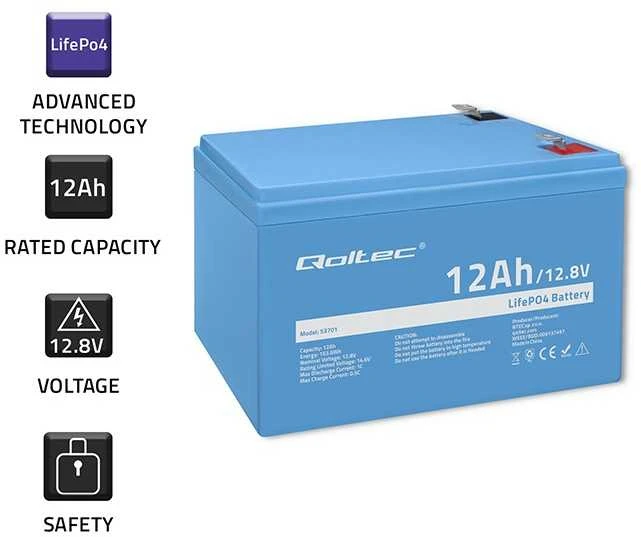 QOLTEC 53701 LiFePO4 ličio geležies fosfato baterija / 12,8V / 12Ah / 153,6Wh / BMS