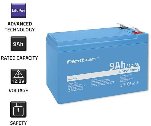 QOLTEC 53700 LiFePO4 ličio geležies fosfato baterija / 12,8V / 9Ah / 115,2Wh / BMS