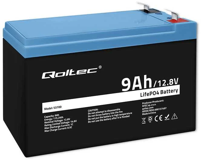 QOLTEC 53700 LiFePO4 ličio geležies fosfato baterija / 12,8V / 9Ah / 115,2Wh / BMS