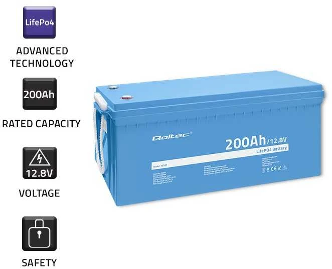 Qoltec akumuliatorius LiFePO4 ličio-geležies-fosfato | 12,8 V | 200 Ah | 2560 Wh | BMS