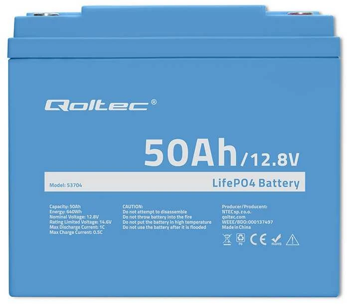 „Qoltec LiFePO4“ ličio-geležies-fosfato akumuliatorius | 12,8 V | 50 Ah | 640 Wh | BMS