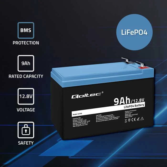 QOLTEC 53700 LiFePO4 ličio geležies fosfato baterija / 12,8V / 9Ah / 115,2Wh / BMS