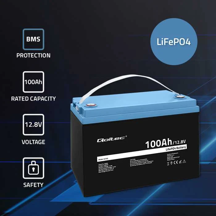 Qoltec Akumuliatorius LiFePO4 Ličio geležies fosfatas | 12,8 V | 100Ah | 1280Wh | BMS