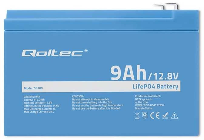 QOLTEC 53700 LiFePO4 ličio geležies fosfato baterija / 12,8V / 9Ah / 115,2Wh / BMS