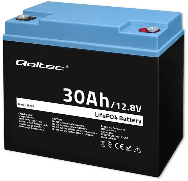 QOLTEC 53703 LiFePO4 ličio geležies fosfato baterija / 12.8V / 30Ah / 384Wh / BMS