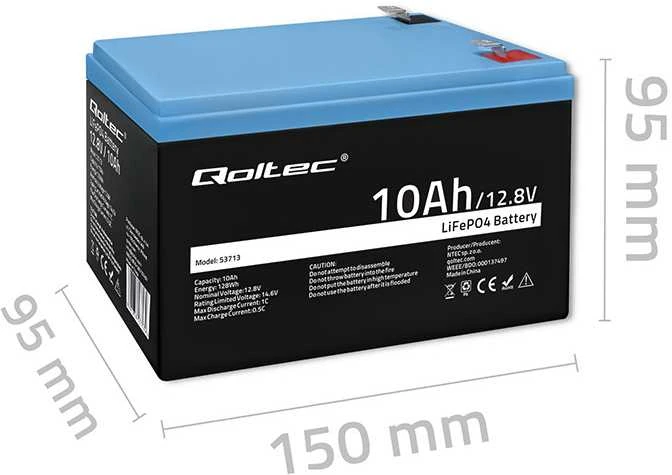 Qoltec 12.8V 10Ah LiFePO4 baterija su matmenimis