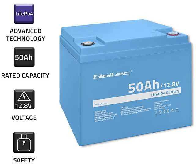 „Qoltec LiFePO4“ ličio-geležies-fosfato akumuliatorius | 12,8 V | 50 Ah | 640 Wh | BMS