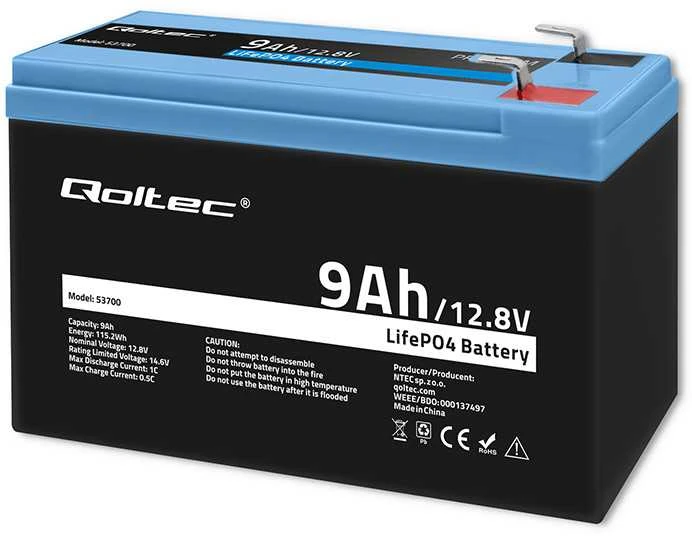 QOLTEC 53700 LiFePO4 ličio geležies fosfato baterija / 12,8V / 9Ah / 115,2Wh / BMS