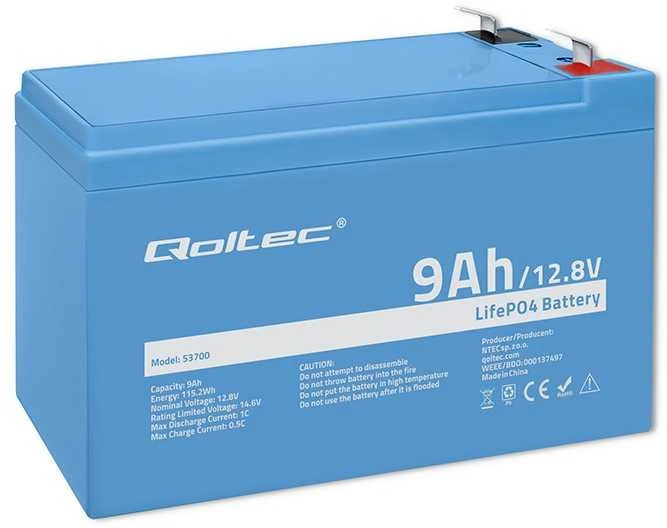 QOLTEC 53700 LiFePO4 ličio geležies fosfato baterija / 12,8V / 9Ah / 115,2Wh / BMS