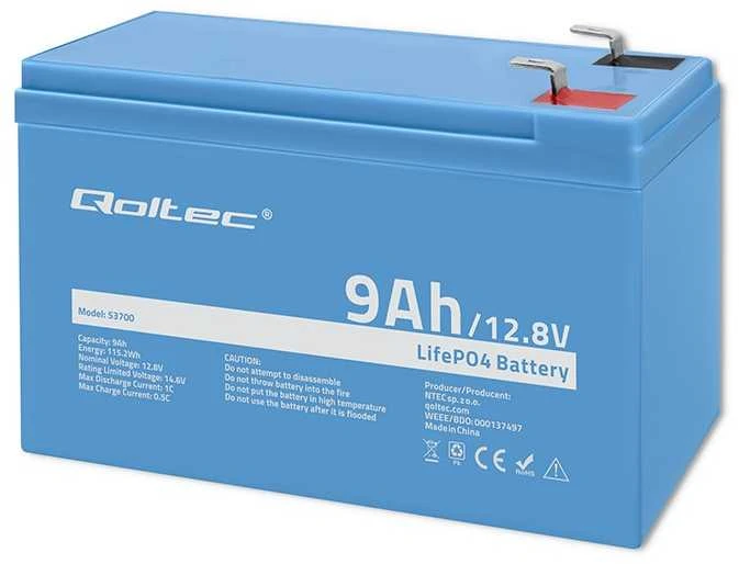 QOLTEC 53700 LiFePO4 ličio geležies fosfato baterija / 12,8V / 9Ah / 115,2Wh / BMS