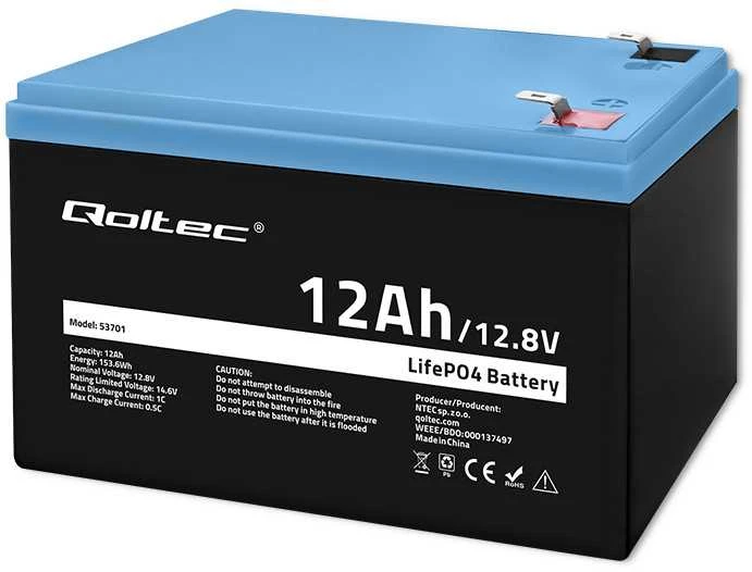 QOLTEC 53701 LiFePO4 ličio geležies fosfato baterija / 12,8V / 12Ah / 153,6Wh / BMS