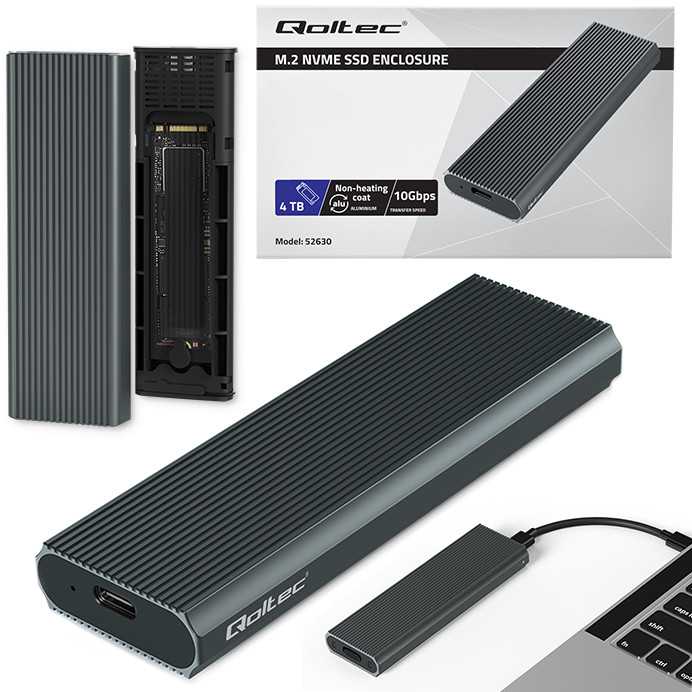Išorinio kietojo disko dėklas Aliumininis korpusas skirtas diskui m.2 SSD nvme pcie usb 3.1 super greitis 10gb/s 4tb grafitinis Qoltec