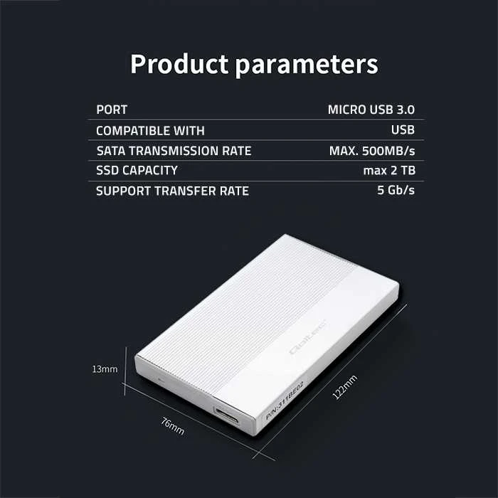 Išorinio kietojo disko dėklas Aliumininis korpusas skirtas diskams SSD HDD 25" sata USB 3.0 ypač greitas 5 Gb/s 2 TB sidabrinis Qoltec