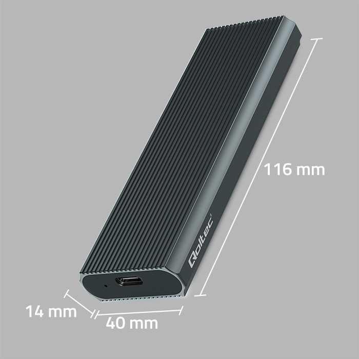 Išorinio kietojo disko dėklas Aliumininis korpusas skirtas diskui m.2 SSD nvme pcie usb 3.1 super greitis 10gb/s 4tb grafitinis Qoltec