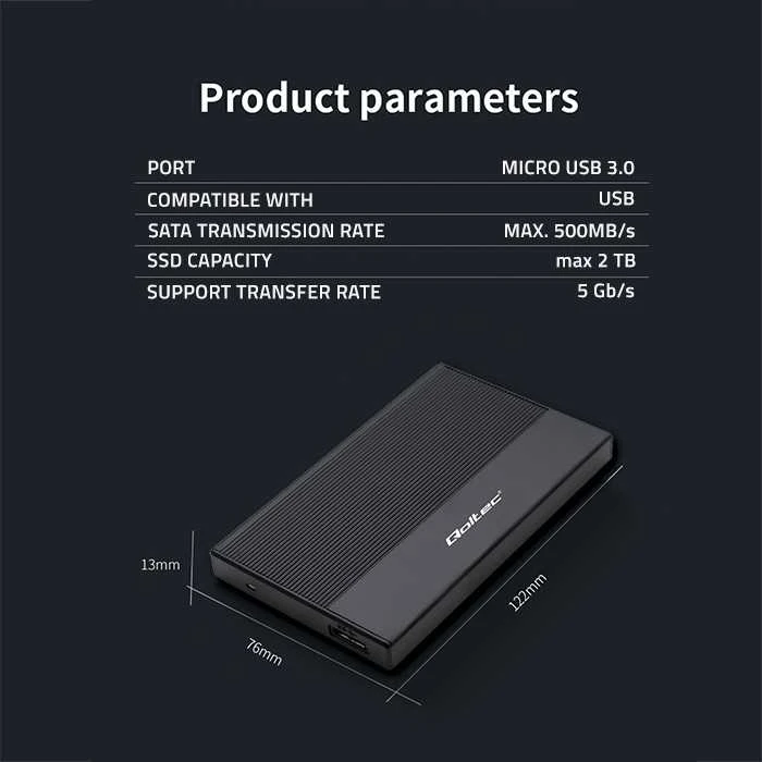 Išorinio kietojo disko dėklas Aliumininis korpusas skirtas diskams SSD HDD 25" sata USB 3.0 itin greitas 5 Gb/s 2 TB juodas Qoltec