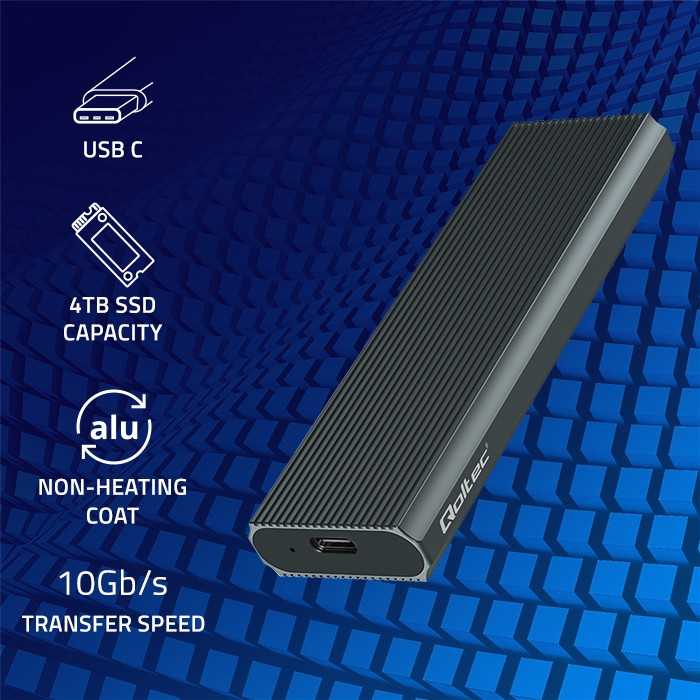 Išorinio kietojo disko dėklas Aliumininis korpusas skirtas diskui m.2 SSD nvme pcie usb 3.1 super greitis 10gb/s 4tb grafitinis Qoltec