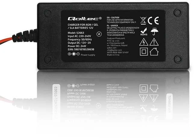 Qoltec automatinis 12V 2A įkroviklis AGM GEL baterijoms su LED ir 1.8m kabeliu