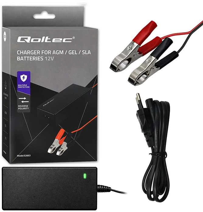 Qoltec automatinis 12V 2A įkroviklis AGM GEL baterijoms su LED ir 1.8m kabeliu