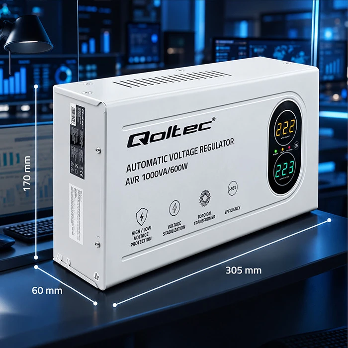 Qoltec Automatinis įtampos stabilizatorius AVR 1000VA | 600W | Kompaktiškas | Toroidinis transformatorius