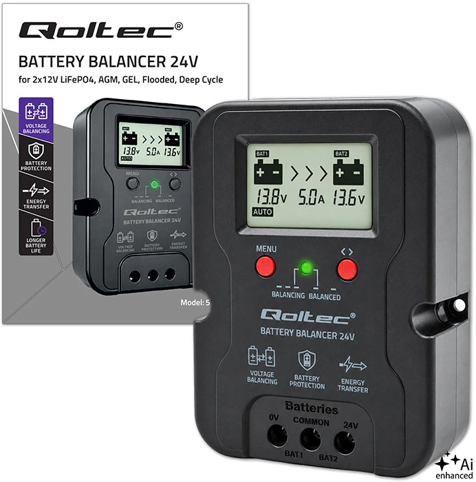 Qoltec Balanser napięcia 24V do akumulatorów 2 x 12V | 5A | AGM GEL LiFePO4 | LCD