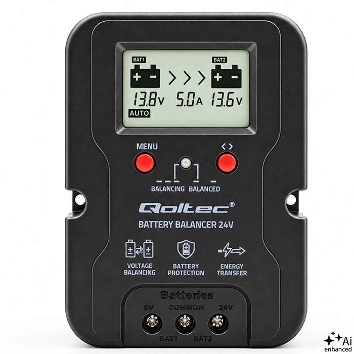 Qoltec Balanser napięcia 24V do akumulatorów 2 x 12V | 5A | AGM GEL LiFePO4 | LCD