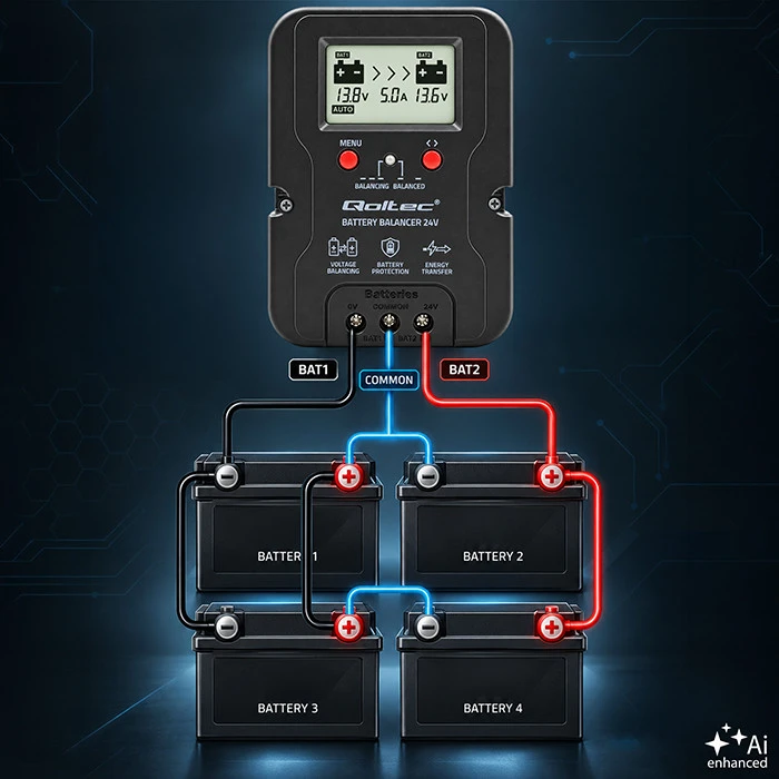 Qoltec Balanser napięcia 24V do akumulatorów 2 x 12V | 5A | AGM GEL LiFePO4 | LCD