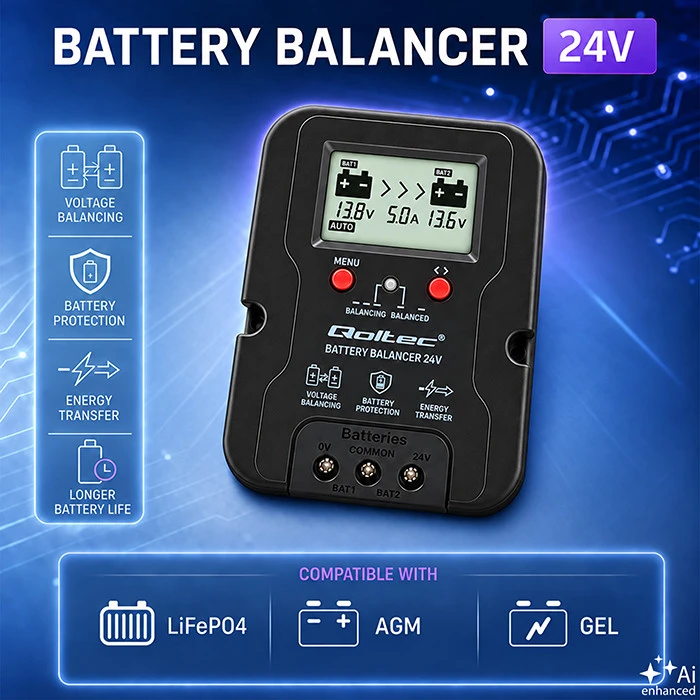 Qoltec Balanser napięcia 24V do akumulatorów 2 x 12V | 5A | AGM GEL LiFePO4 | LCD