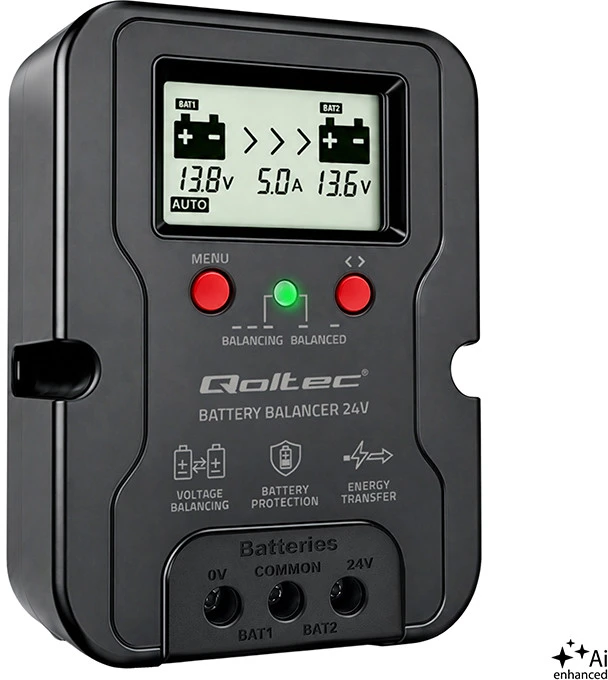 Qoltec Balanser napięcia 24V do akumulatorów 2 x 12V | 5A | AGM GEL LiFePO4 | LCD