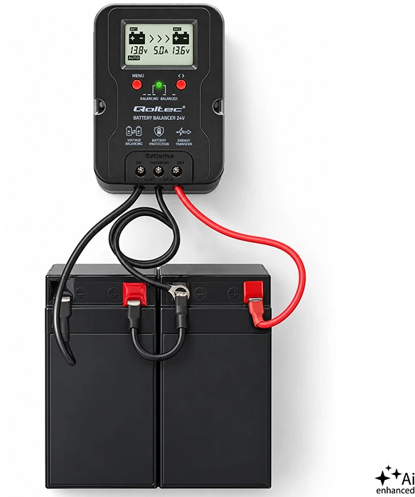 Qoltec Balanser napięcia 24V do akumulatorów 2 x 12V | 5A | AGM GEL LiFePO4 | LCD