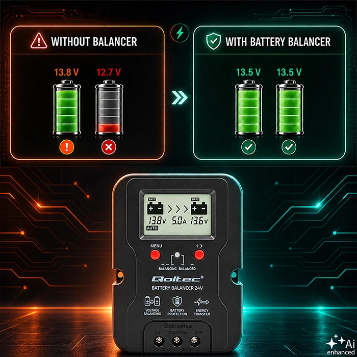 Qoltec Balanser napięcia 24V do akumulatorów 2 x 12V | 5A | AGM GEL LiFePO4 | LCD