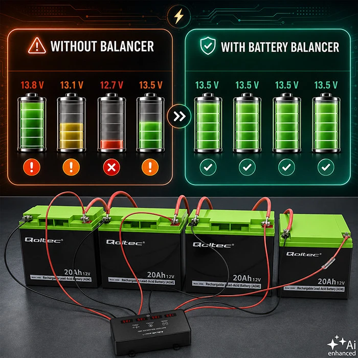 Qoltec Balanser napięcia 48V do akumulatorów 4 x 12V | 10A | AGM GEL LiFePO4 | LED