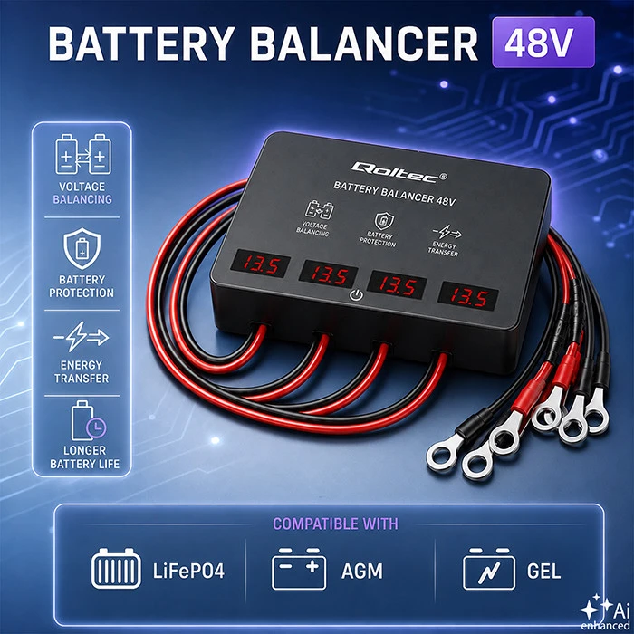 Qoltec Balanser napięcia 48V do akumulatorów 4 x 12V | 10A | AGM GEL LiFePO4 | LED