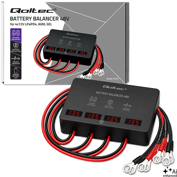 Qoltec Balanser napięcia 48V do akumulatorów 4 x 12V | 10A | AGM GEL LiFePO4 | LED