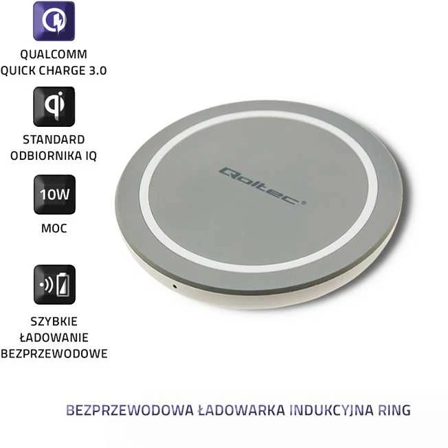 QOLTEC 51840 indukcinio belaidžio įkroviklio žiedas Qualcomm QuickCharge 3.0 10W pilkas