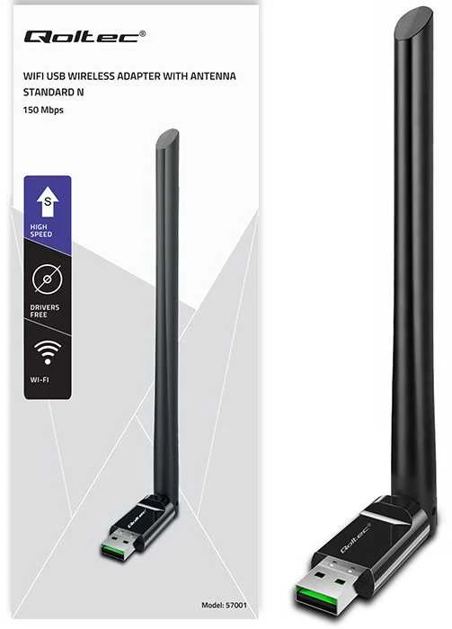 Qoltec belaidis adapteris Wi-Fi USB su antena, 57001