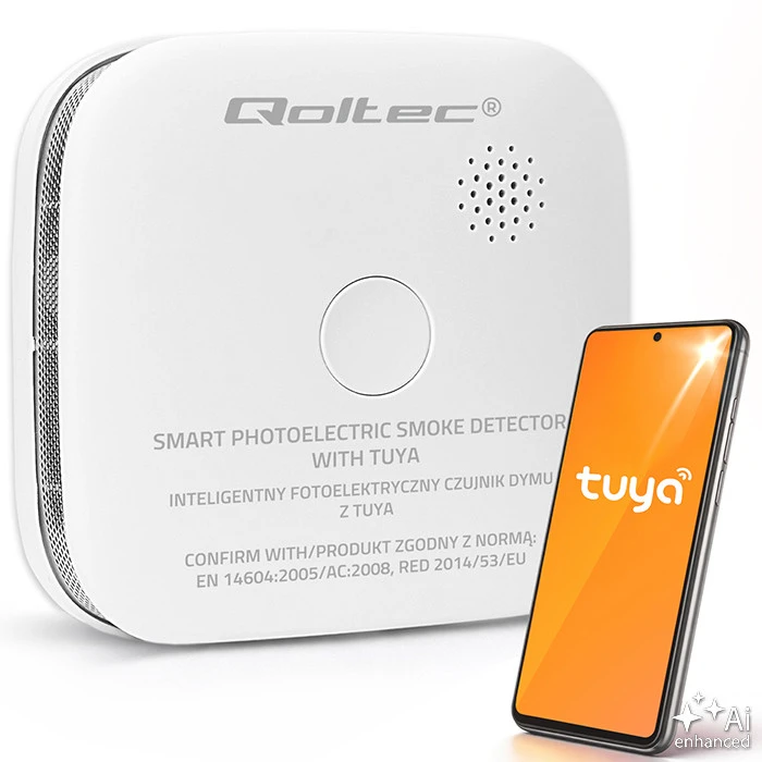 Qoltec 52579 belaidis dūmų detektorius su baterija | Tuya | Wi-Fi | jutiklio tarnavimo laikas 10 metų | signalizacija 85dB | LED