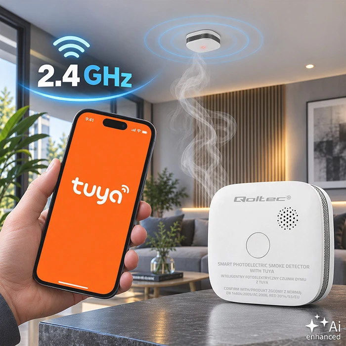 Qoltec 52579 belaidis dūmų detektorius su baterija | Tuya | Wi-Fi | jutiklio tarnavimo laikas 10 metų | signalizacija 85dB | LED