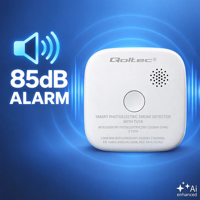 Qoltec 52579 belaidis dūmų detektorius su baterija | Tuya | Wi-Fi | jutiklio tarnavimo laikas 10 metų | signalizacija 85dB | LED