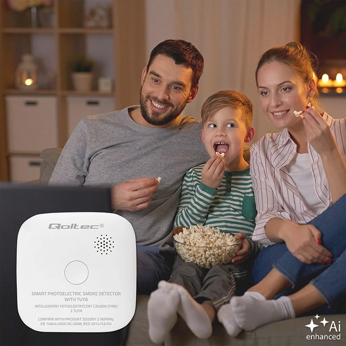 Qoltec 52579 belaidis dūmų detektorius su baterija | Tuya | Wi-Fi | jutiklio tarnavimo laikas 10 metų | signalizacija 85dB | LED