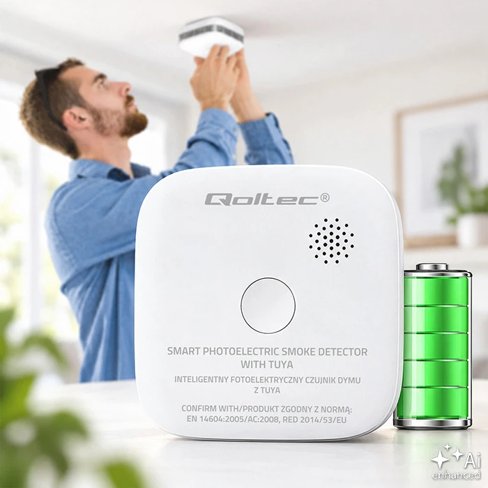 Qoltec 52579 belaidis dūmų detektorius su baterija | Tuya | Wi-Fi | jutiklio tarnavimo laikas 10 metų | signalizacija 85dB | LED