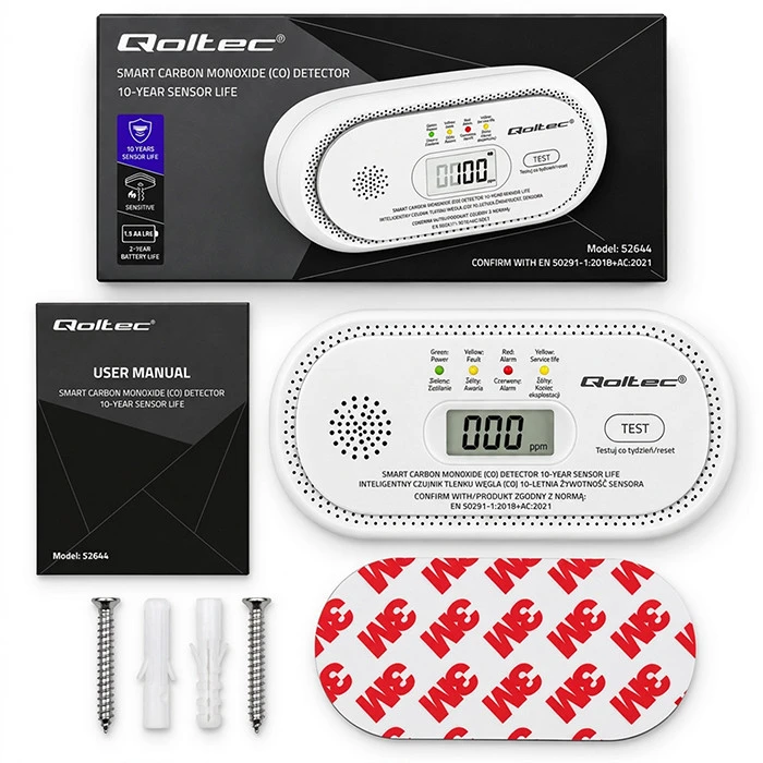 Qoltec Certyfikowany belaidis Czujnik tlenku węgla (czadu) | detektor CO | żywotność sensora 10 lat | alarm 85dB | LCD | Diody LED