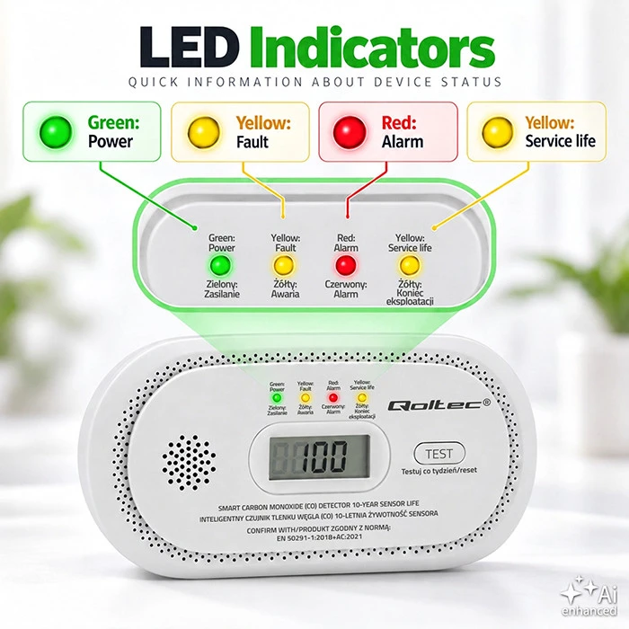 Qoltec Certyfikowany belaidis Czujnik tlenku węgla (czadu) | detektor CO | żywotność sensora 10 lat | alarm 85dB | LCD | Diody LED