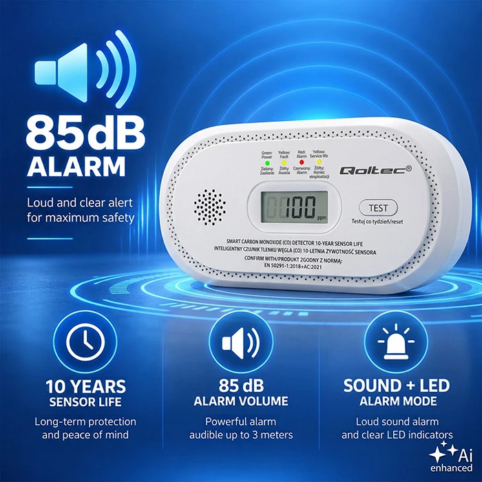 Qoltec Certyfikowany belaidis Czujnik tlenku węgla (czadu) | detektor CO | żywotność sensora 10 lat | alarm 85dB | LCD | Diody LED