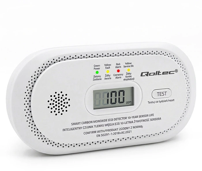 Qoltec Certyfikowany belaidis Czujnik tlenku węgla (czadu) | detektor CO | żywotność sensora 10 lat | alarm 85dB | LCD | Diody LED