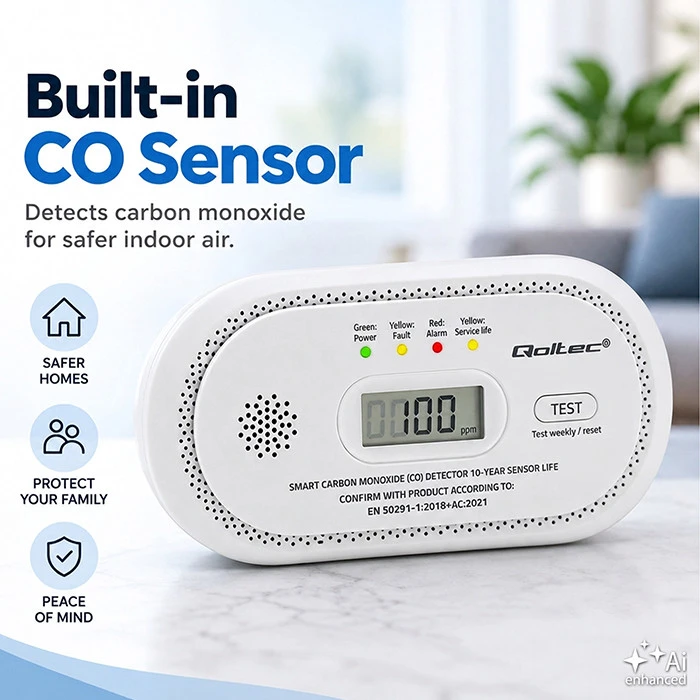 Qoltec Certyfikowany belaidis Czujnik tlenku węgla (czadu) | detektor CO | żywotność sensora 10 lat | alarm 85dB | LCD | Diody LED