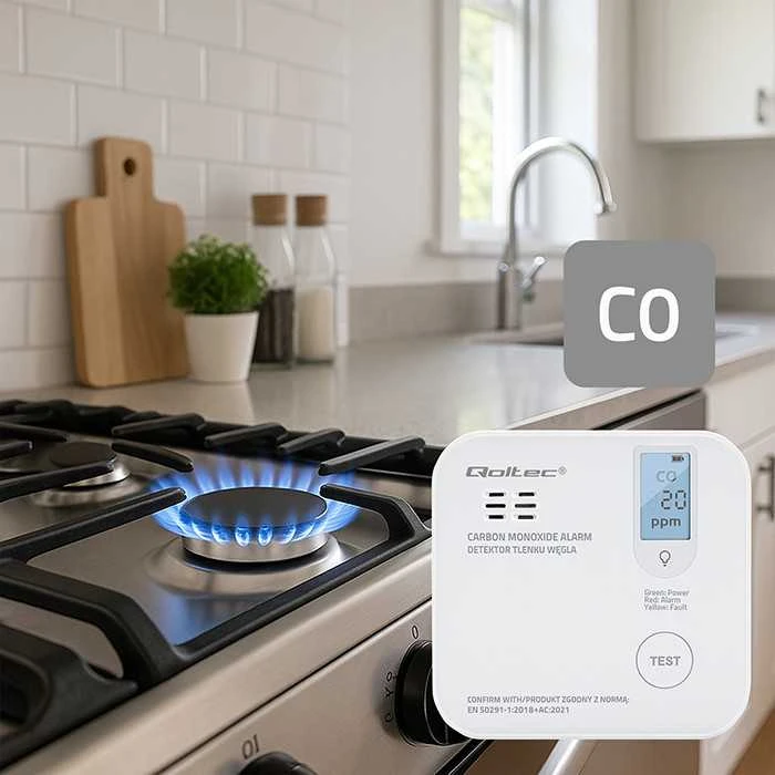 Qoltec 52577 belaidis anglies monoksido (CO) jutiklis su baterija | jutiklio tarnavimo laikas 10 metų | signalizacija 85dB | LED