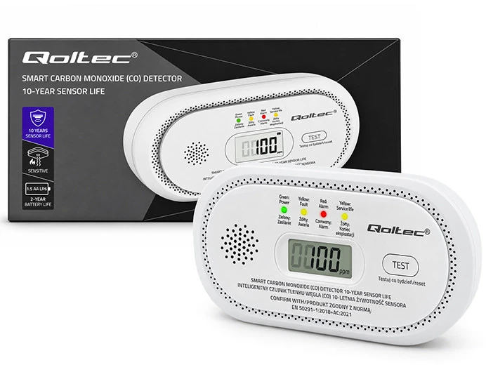 Qoltec Certyfikowany belaidis Czujnik tlenku węgla (czadu) | detektor CO | żywotność sensora 10 lat | alarm 85dB | LCD | Diody LED